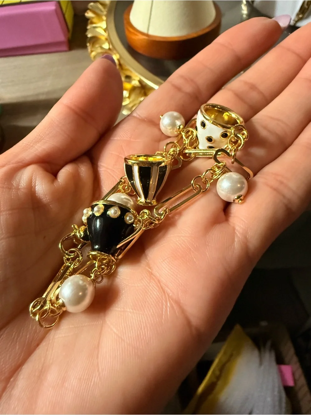 kate spade Gold Charm Bracelet with Black & White Teacup Charms and Pearl Drops